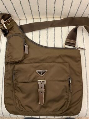PRADA AUTHENTIC Brown Tessuto Nylon Messenger Bag with Leather Trim